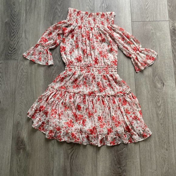 misa los angeles darla floral poppy off the shoulder ruffle mini dress small - Picture 1 of 10